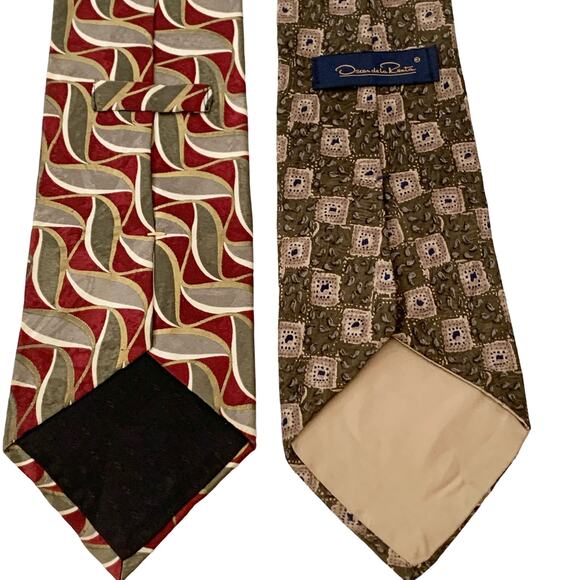 OSCAR DE LA RENTA 2 Pc Men’s Neck Tie Silk, Red & Olive Green, Olive Green & Tan - Picture 7 of 8